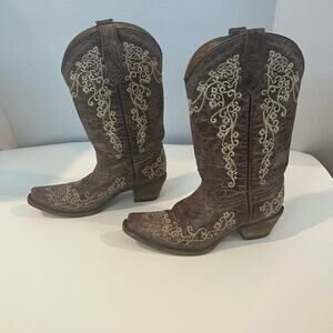 CORRAL Young Teens Western Brown Leather Embroidered Pull On Cowgirl Boot 2.5